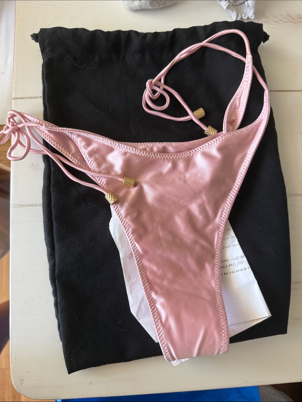 Women's Rose Pink Satin Bikini Panty with Gold Accent Beads